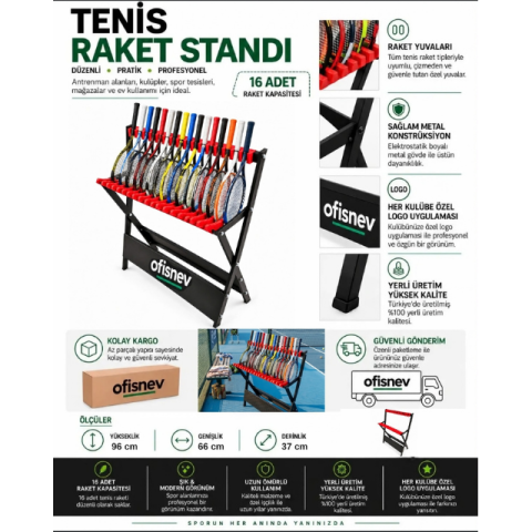 Tenis Raket Standı (Eğimli) – 16 Raket Kapasiteli Metal Raketlik